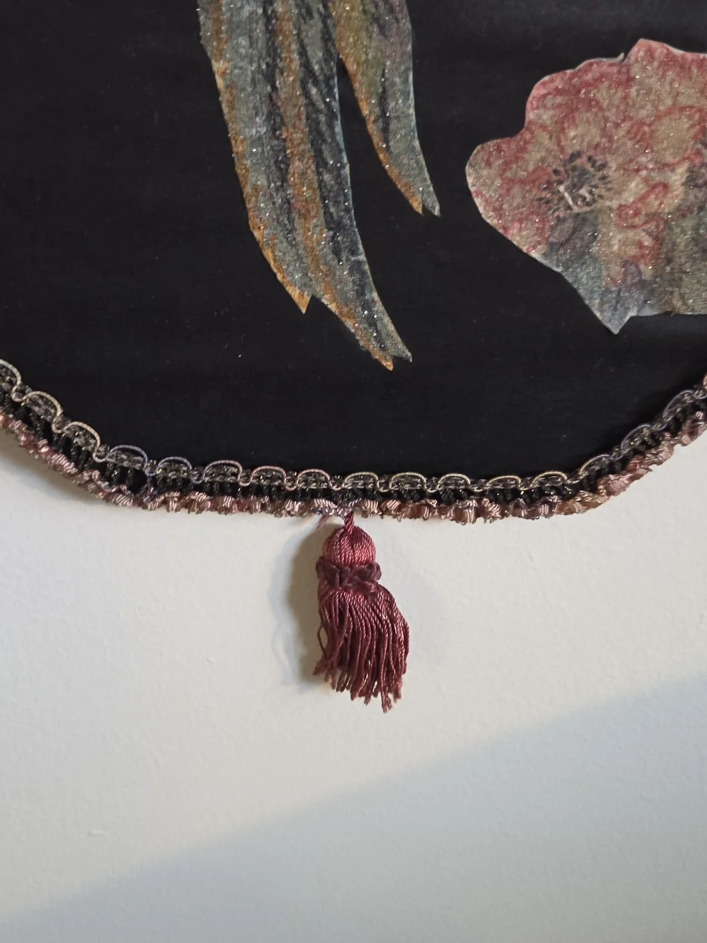 Decorative Black Velvet Bird Wall Hanging with Pink and Brown Embroidery